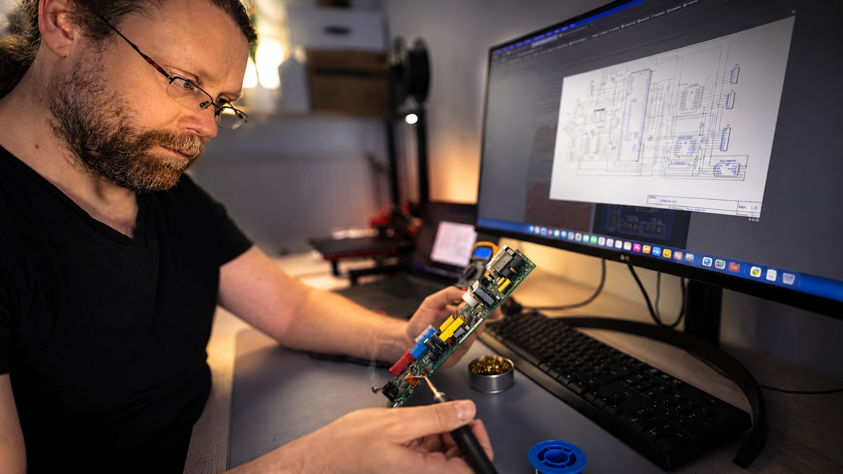 Bastien à l'établi en train de souder une carte électronique